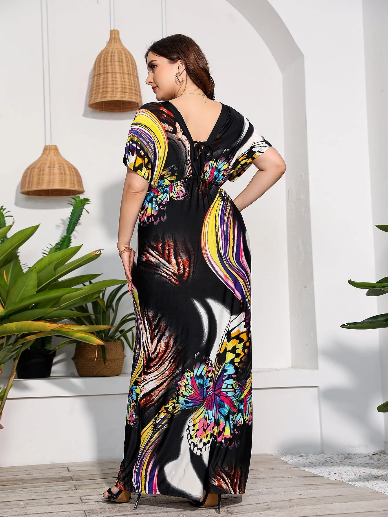 KittenAlarm - Plus Size Butterfly Print Smocked Waist Maxi Dress