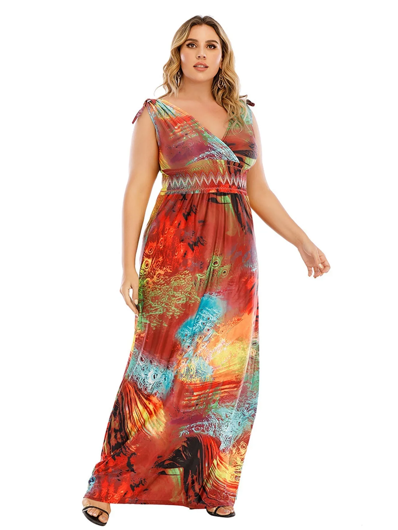 KittenAlarm - Plus Size M-6XL Surplice Front Elastic Waist Multicolor Fantastic Maxi Dress