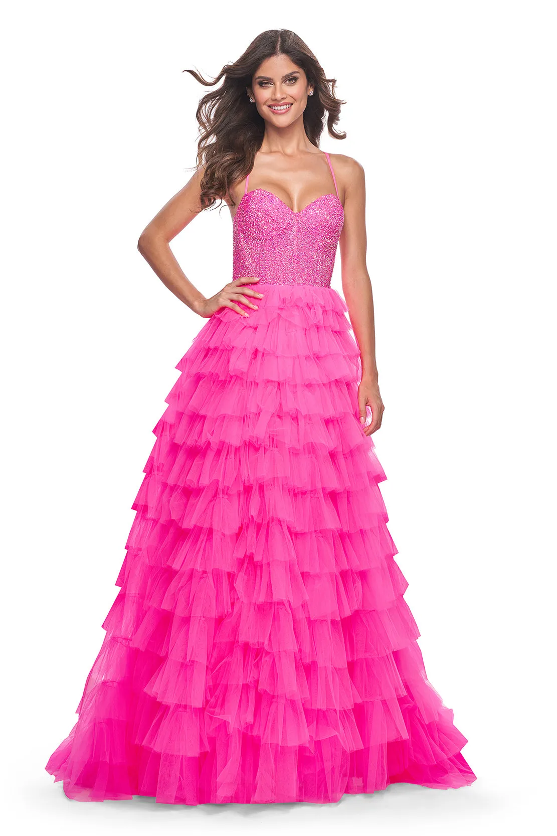 La Femme - 32335 - Ruffle Tulle Dress with Rhinestone Embellishments