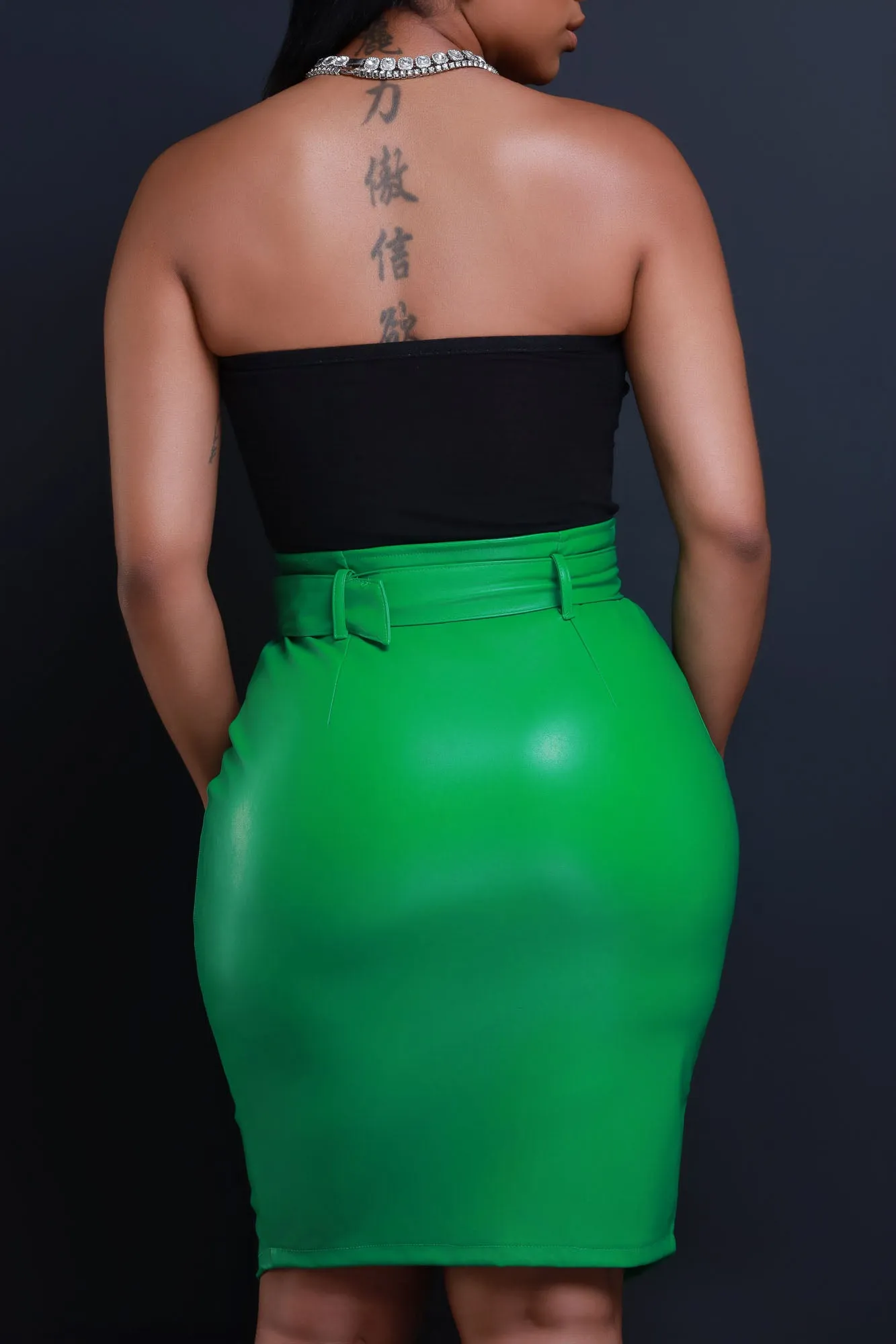 Late Fee Belted Faux Leather Midi Skirt - Green