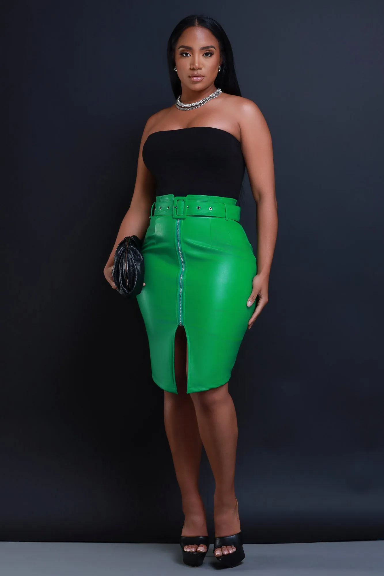 Late Fee Belted Faux Leather Midi Skirt - Green