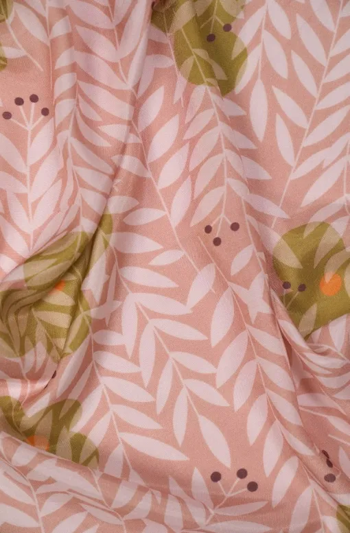 Light Sand Tone Leafy Floral Pattern Printed Natural Muslin Silk Fabric