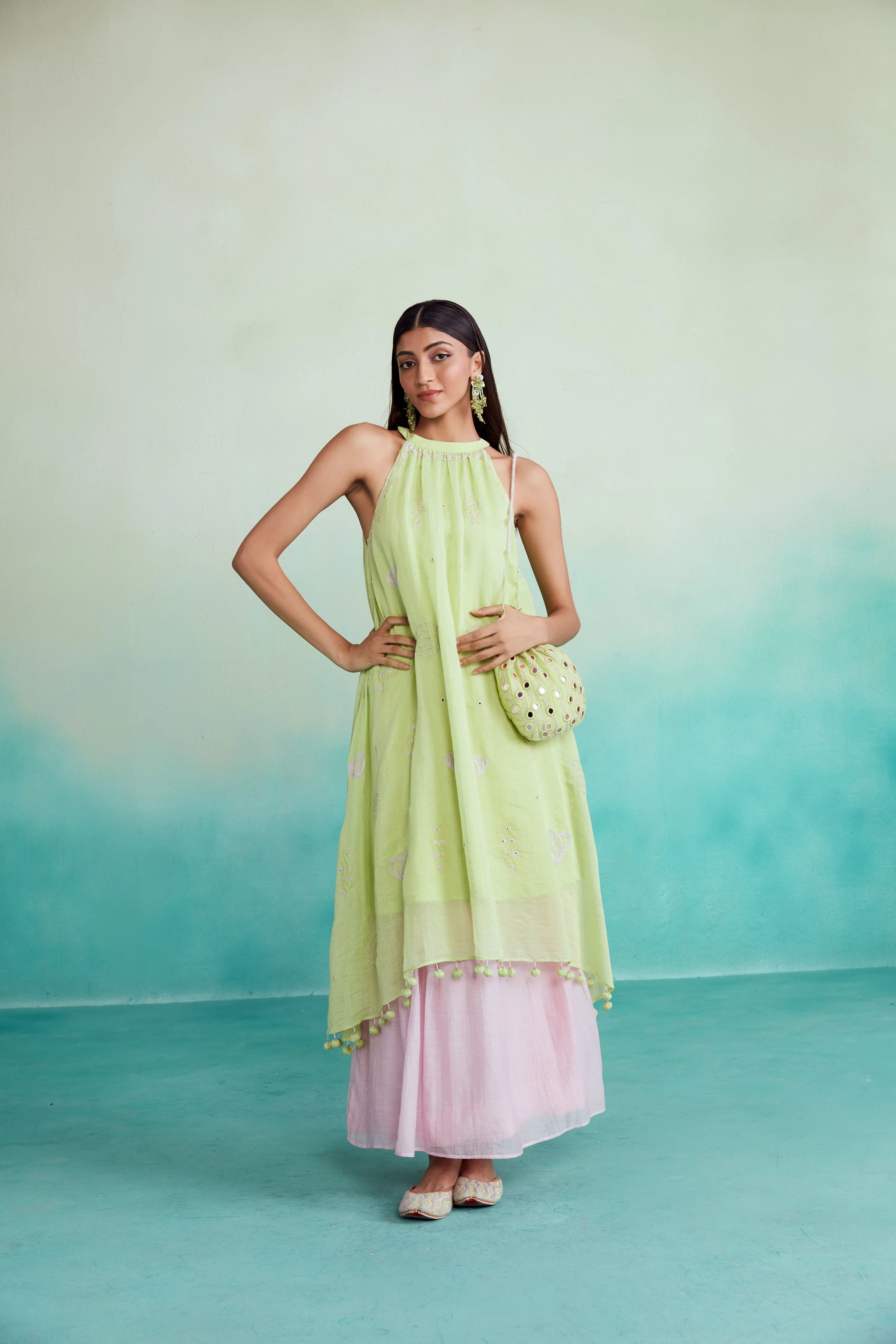 Limeade kurta skirt set - Lime & Orchid Pink Hand embroidered Kurta Skirt set