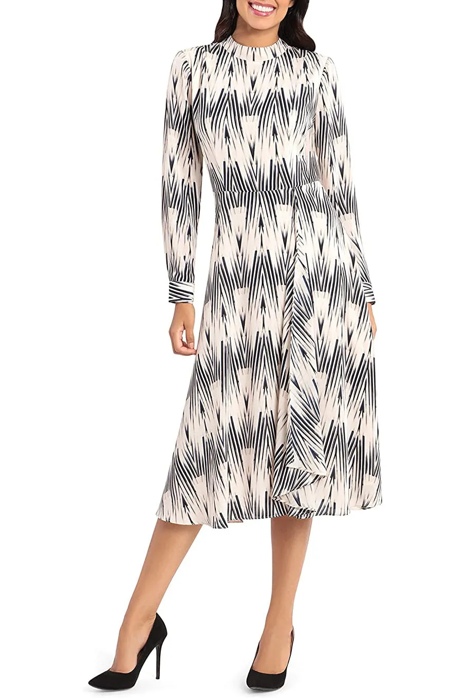 Maggy London High Neck Button Long Cuffed Sleeve Zipper Back Multi Print A-Line Chiffon Dress