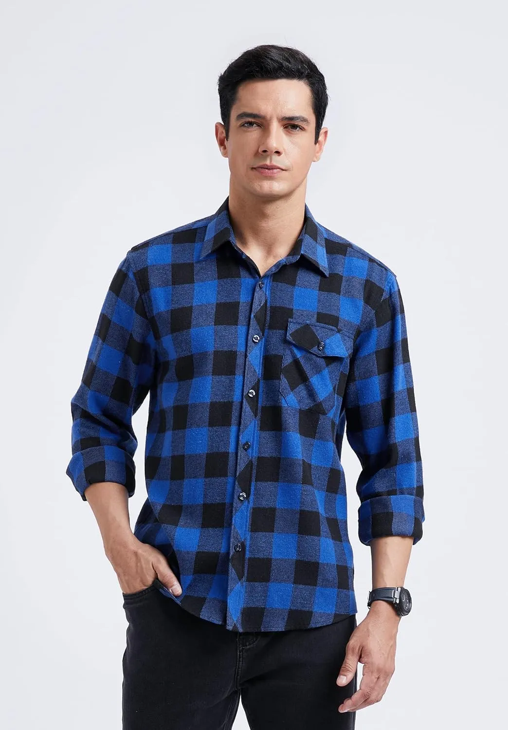 Men's Long Sleeve Plaid Shirt - Z-BLUE SHIRT-1