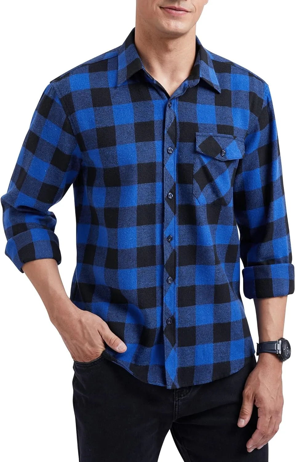 Men's Long Sleeve Plaid Shirt - Z-BLUE SHIRT-1