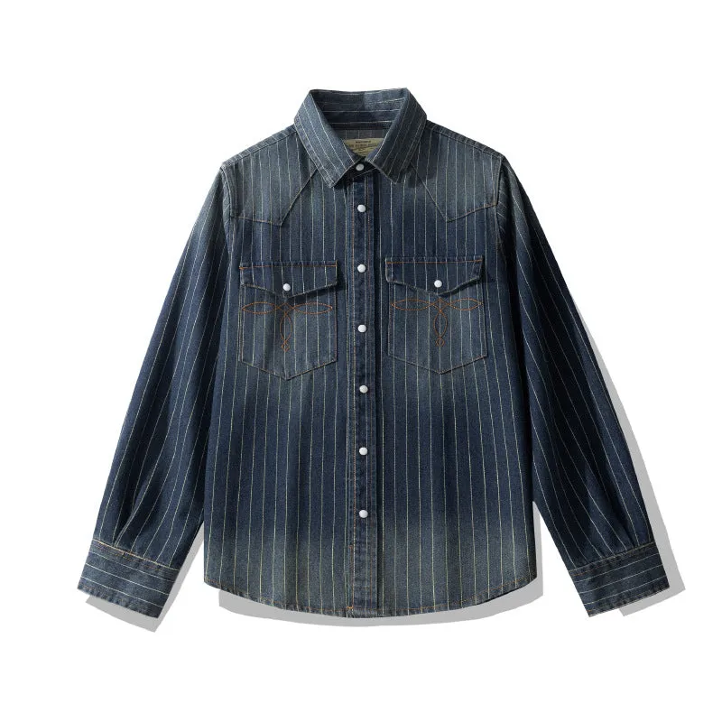 Men's Retro Shirt Classic Striped Denim Shirt