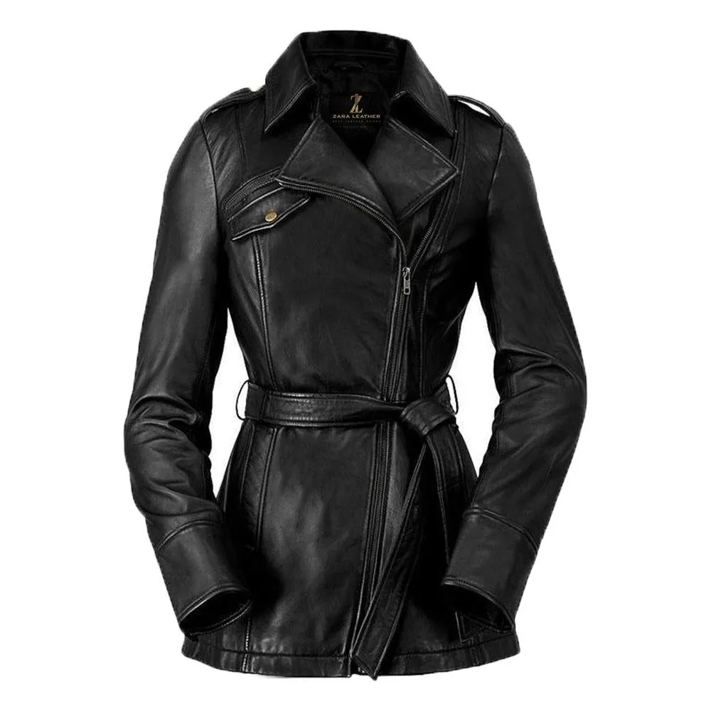 Monica  Women's Leather Long Coat Jacket