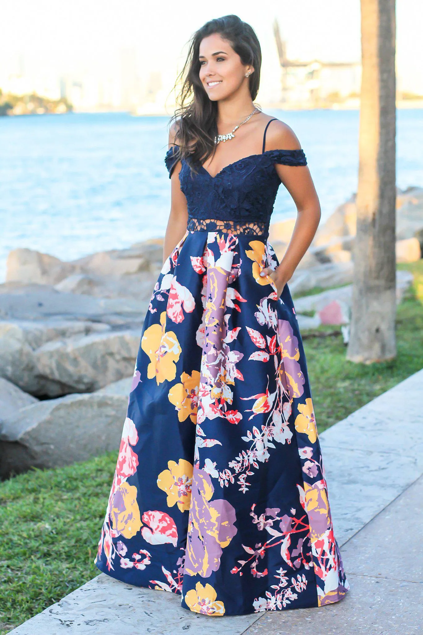 Navy Floral Crochet Top Maxi Dress