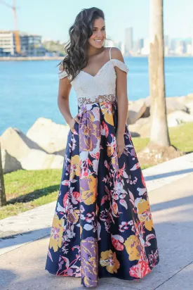 Navy Floral Off Shoulder Maxi Dress with Crochet Top