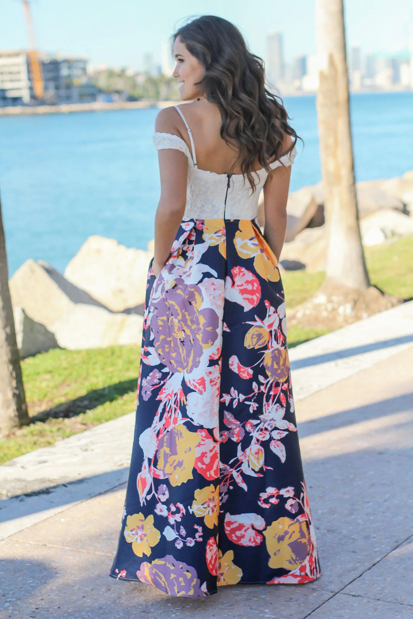 Navy Floral Off Shoulder Maxi Dress with Crochet Top