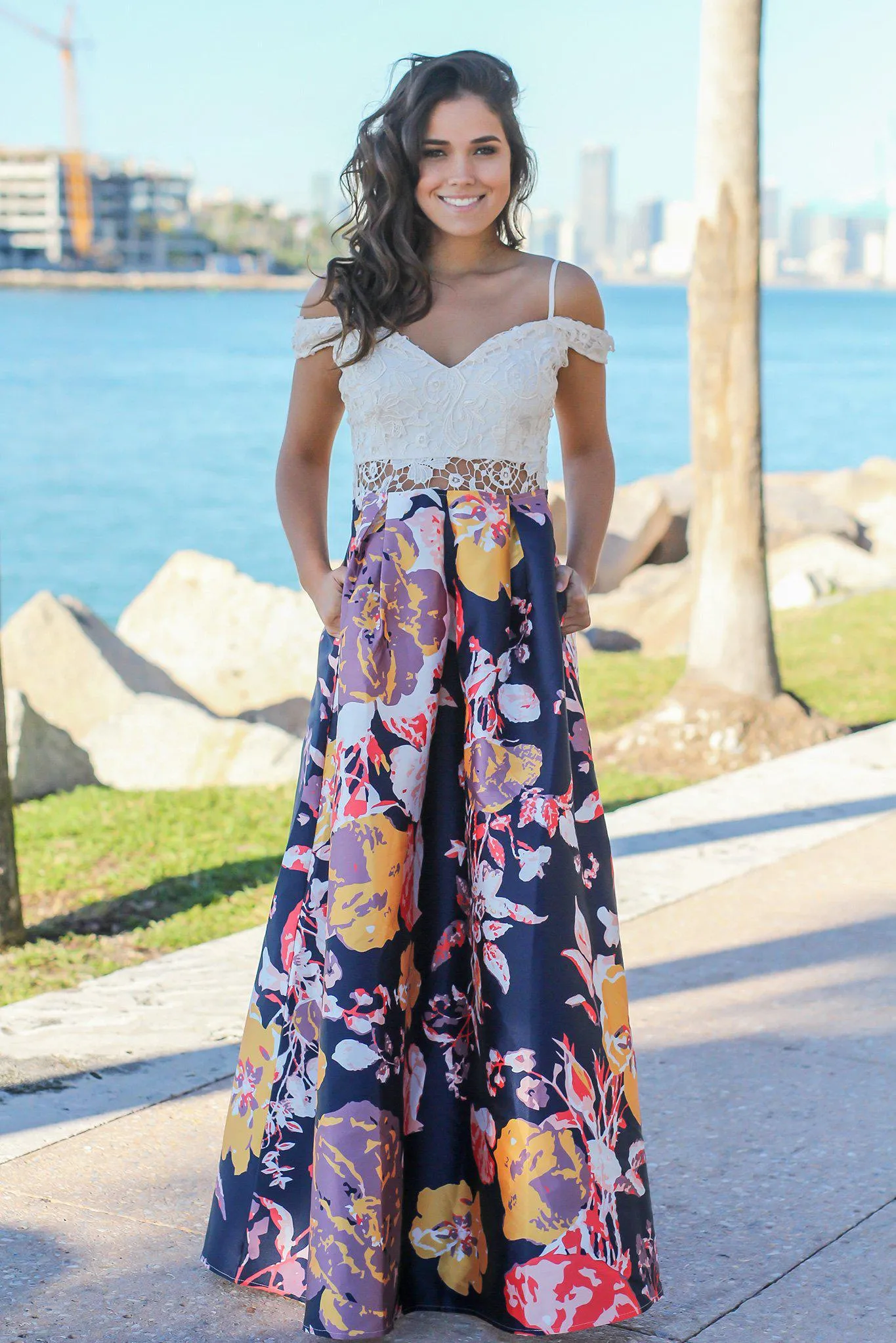 Navy Floral Off Shoulder Maxi Dress with Crochet Top