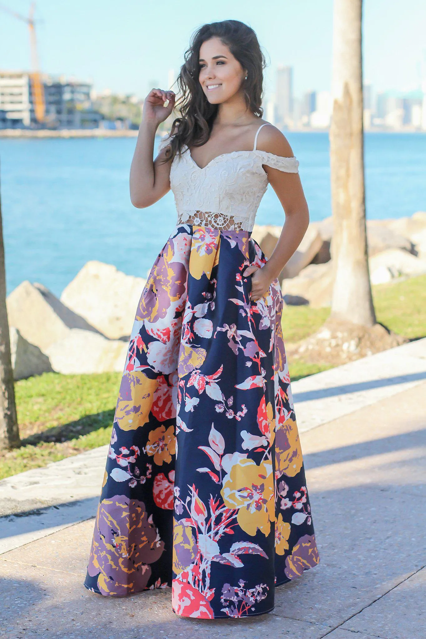 Navy Floral Off Shoulder Maxi Dress with Crochet Top