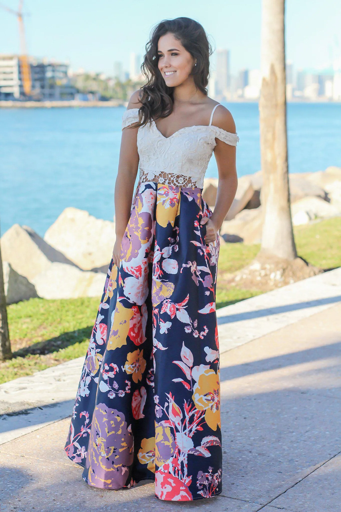 Navy Floral Off Shoulder Maxi Dress with Crochet Top