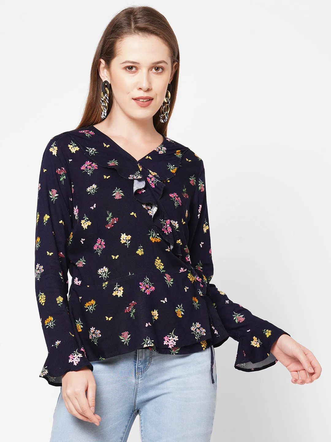 Navy Floral Printed Ruffle Neck Top For Women