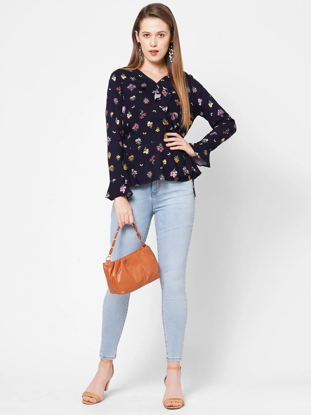 Navy Floral Printed Ruffle Neck Top For Women