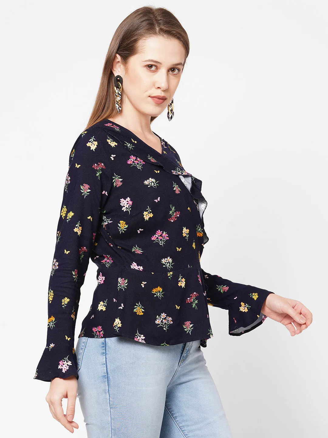 Navy Floral Printed Ruffle Neck Top For Women