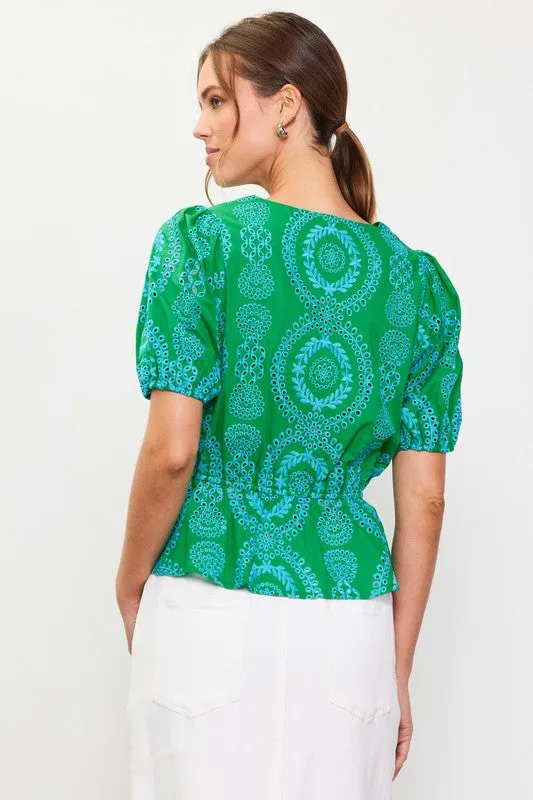 NEW!! Embroidered Peplum Top in Green