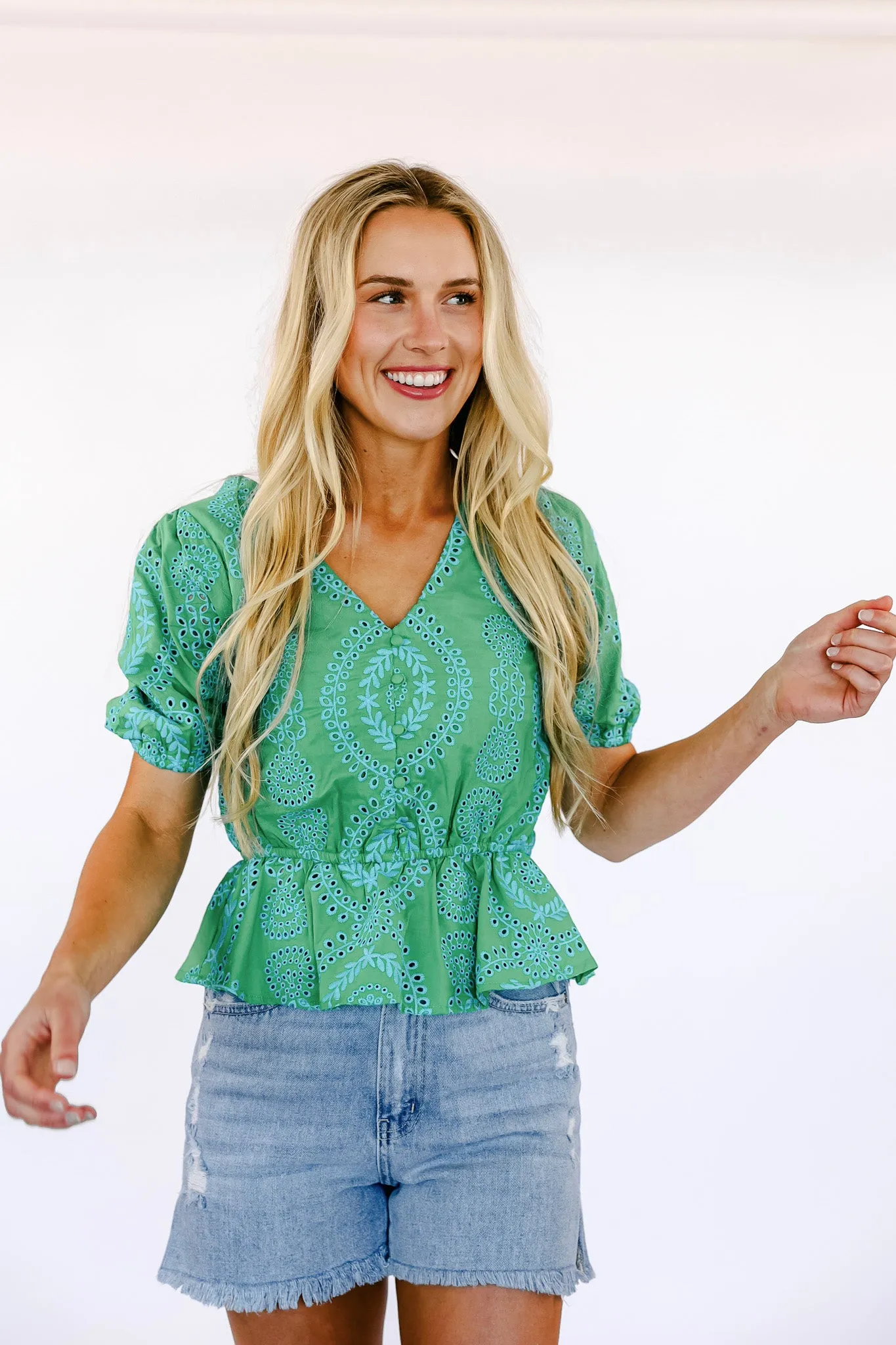 NEW!! Embroidered Peplum Top in Green