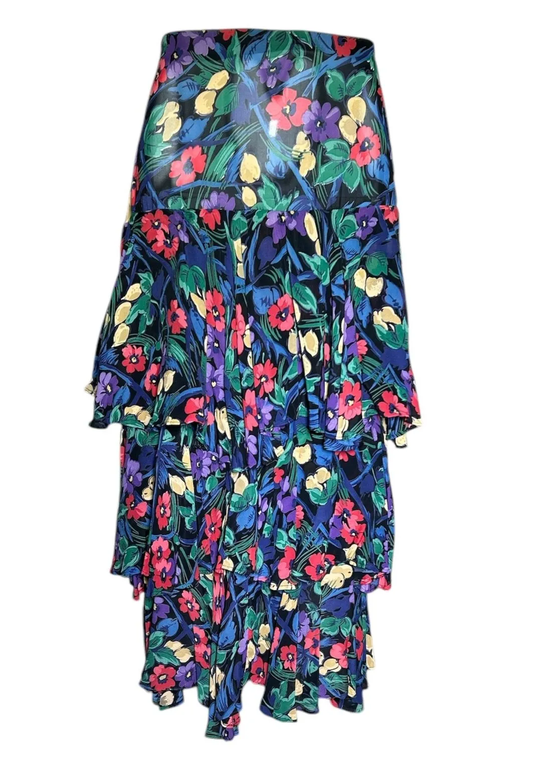 Norma Kamali Late 80s Multicolor Florals Rayon 2 Piece Ensemble