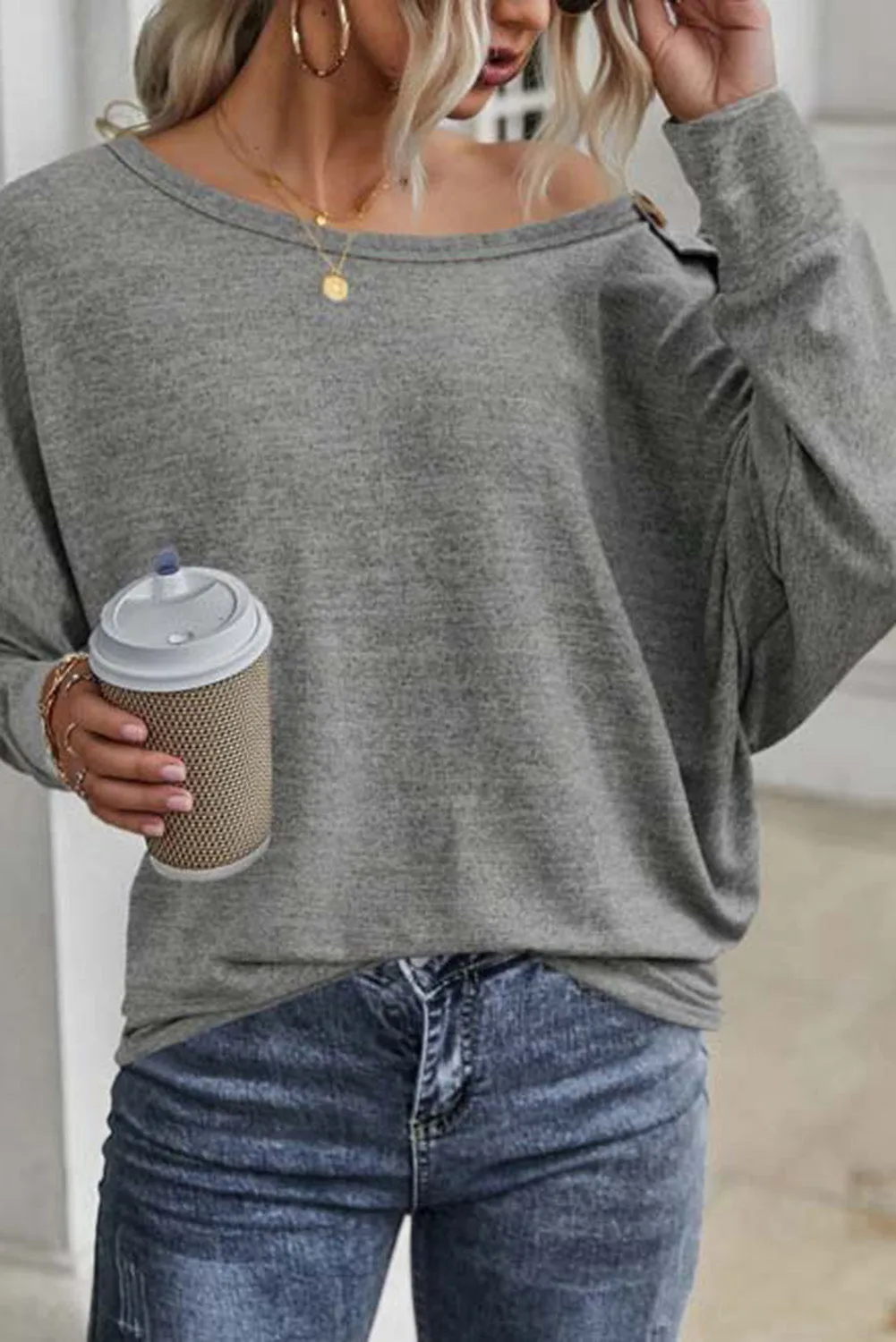 Off Shoulder Button Top - Gray