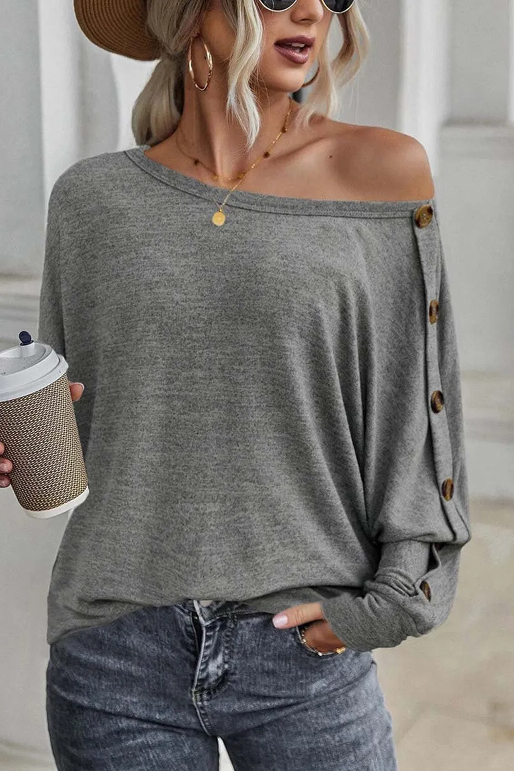 Off Shoulder Button Top - Gray