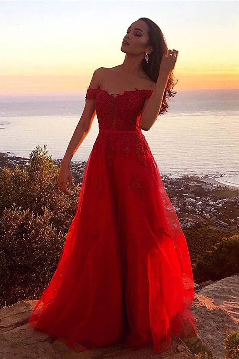 Off Shoulder Red Lace Long Prom Dress, Off the Shoulder Red Formal Dress, Red Lace Evening Dress