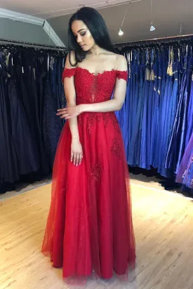 Off Shoulder Red Lace Long Prom Dress, Off the Shoulder Red Formal Dress, Red Lace Evening Dress