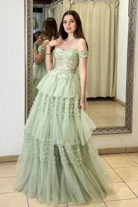 Off Shoulder Sage Lace Long Prom Dress, Layered Sage Lace Formal Dress, Long Sage Evening Dress A2217