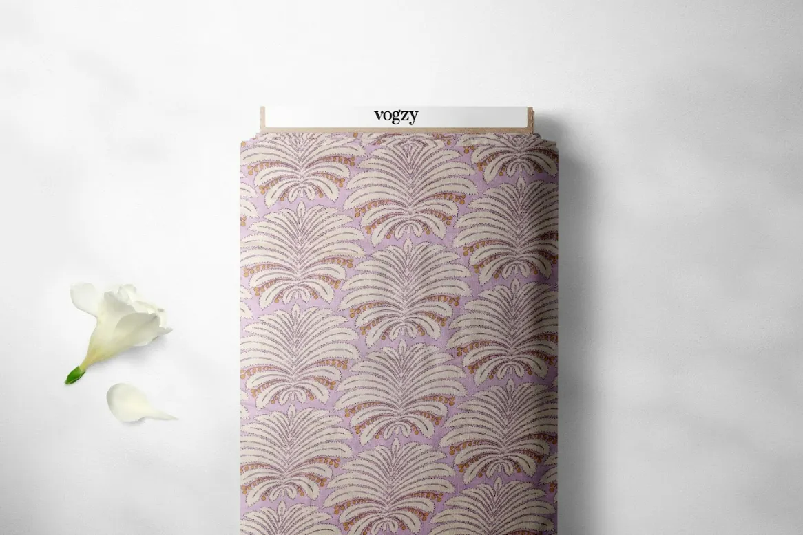 Pastel Mauve Color Leafy Pattern Printed Natural Muslin Silk Fabric