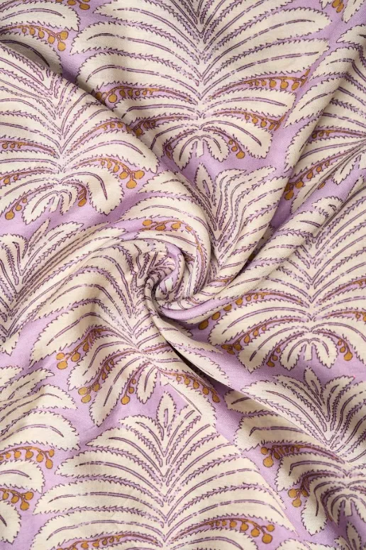 Pastel Mauve Color Leafy Pattern Printed Natural Muslin Silk Fabric