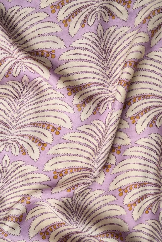 Pastel Mauve Color Leafy Pattern Printed Natural Muslin Silk Fabric