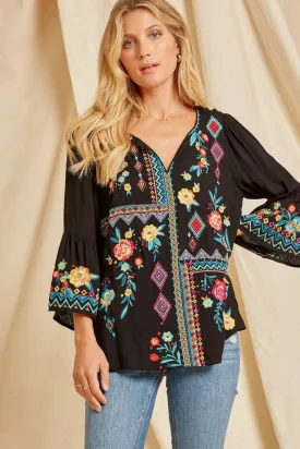 Patchwork Embroidered Top, Black