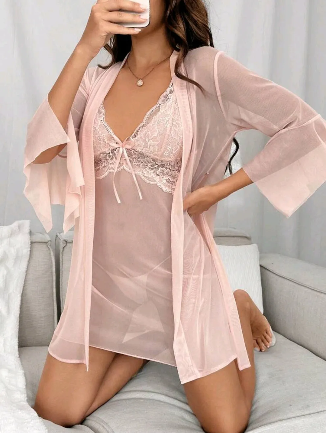 Pink Chiffon 2 Piece Night Dress Set