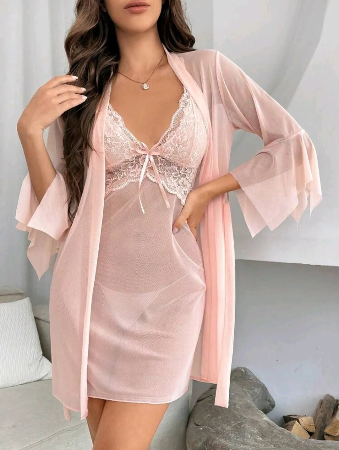 Pink Chiffon 2 Piece Night Dress Set