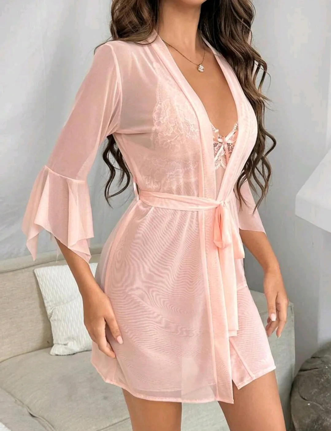 Pink Chiffon 2 Piece Night Dress Set