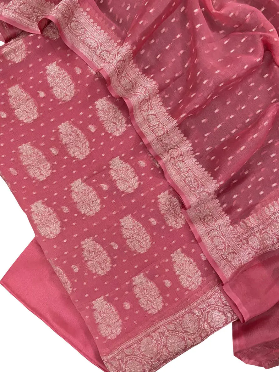 Pink Handloom Banarasi Chiffon Three Piece Unstitched Suit Set