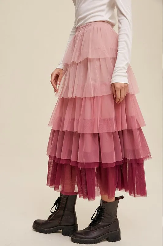 Pink Ruffle Long Skirt New Women's Fashion Gradient Style Tiered Mesh Maxi Skirt KESLEY