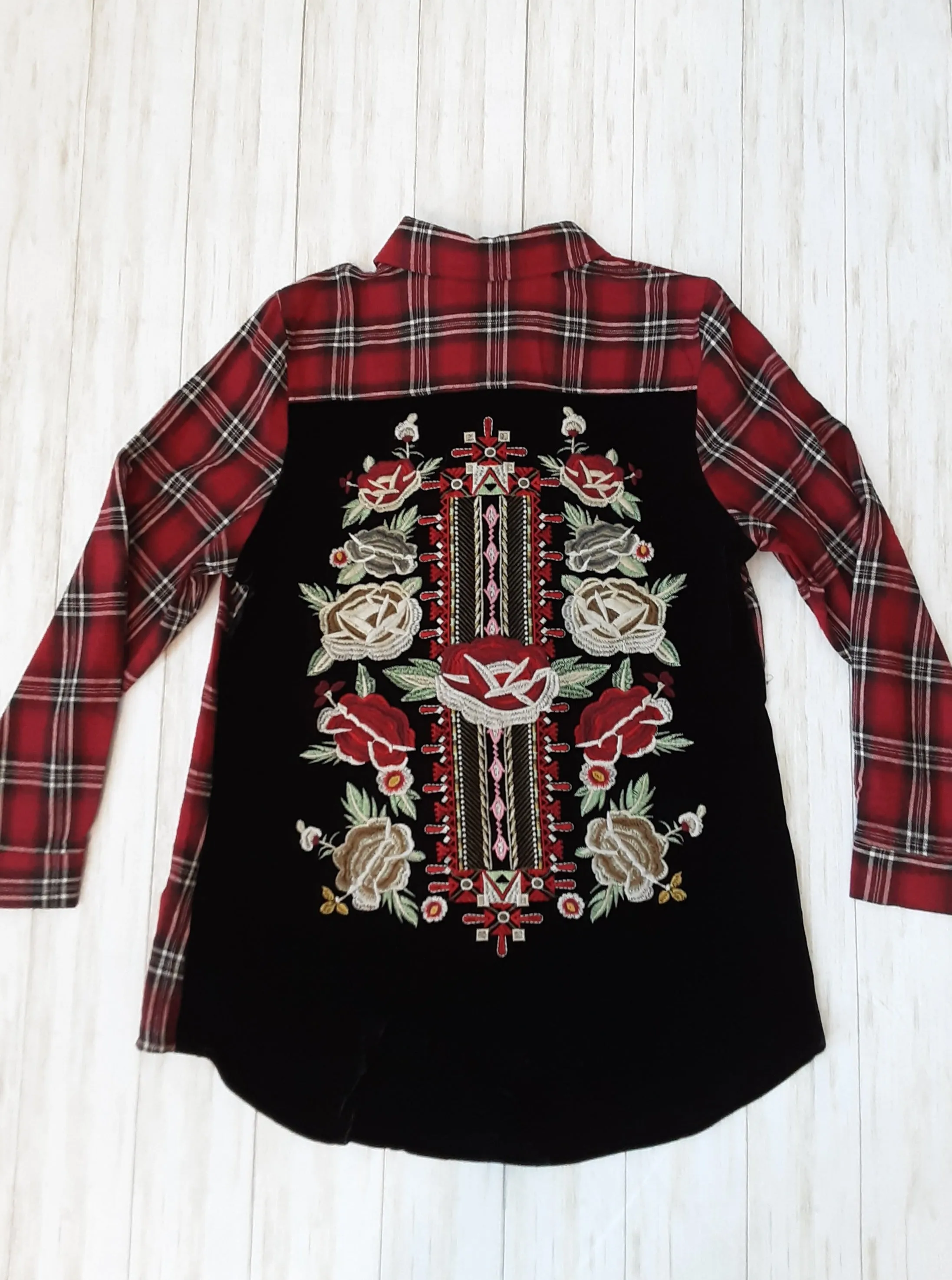 Plaid and Velvet Embroidered Long Sleeve Shirt