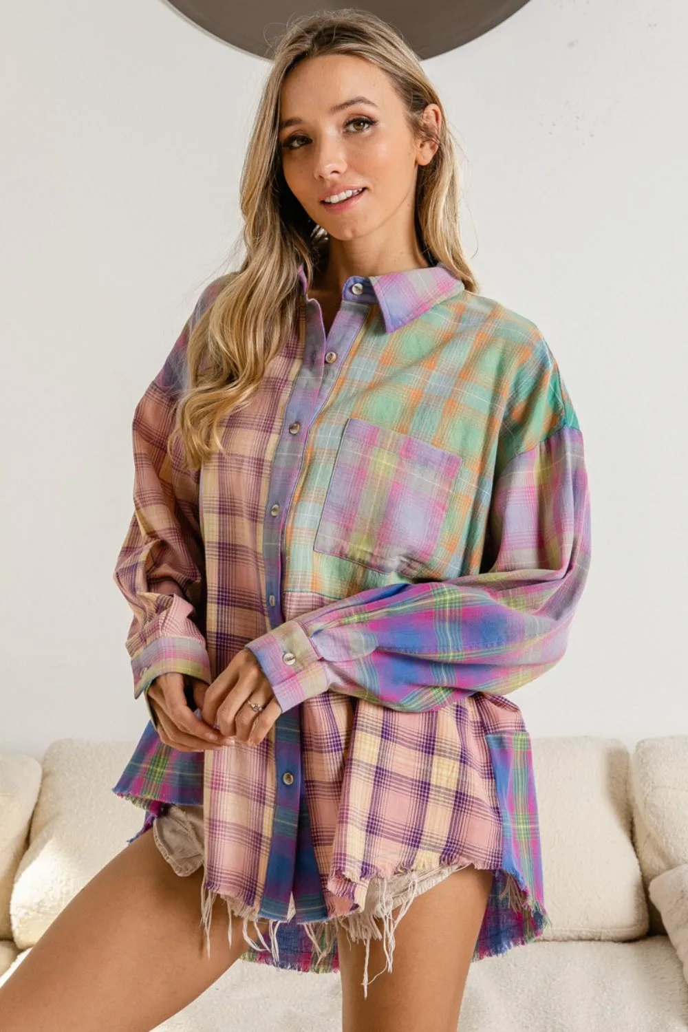 Plaid Color Block Button Up Shirt