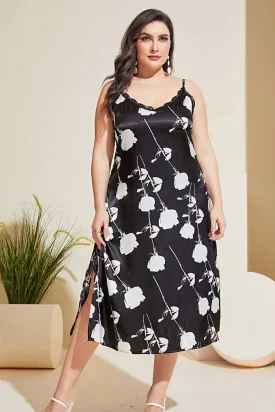 Plus Size Floral Lace Trim Side Slit Night Dress - Sexy Style