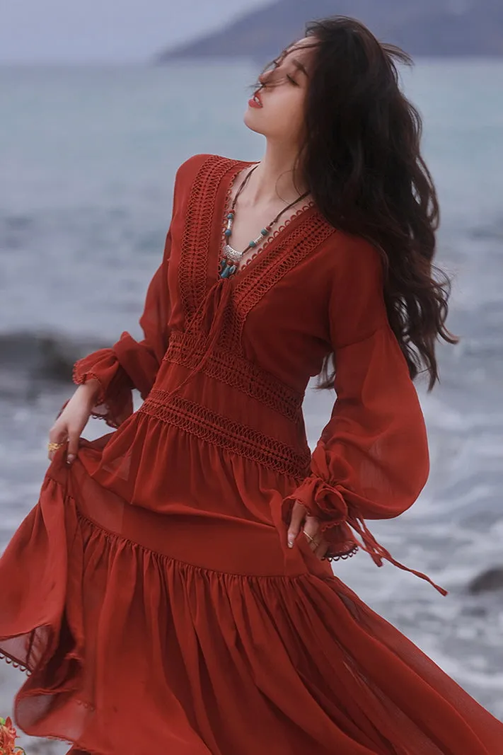 Red Lace-Up Vintage Dress with Deep V & Cinched Waist