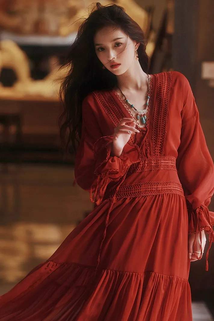 Red Lace-Up Vintage Dress with Deep V & Cinched Waist