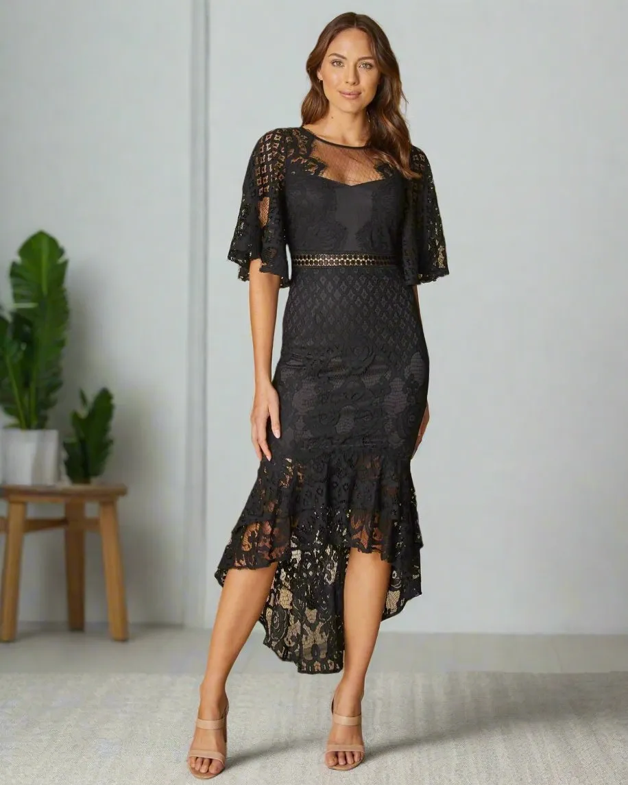 Reyna Lace Midi Dress - Black