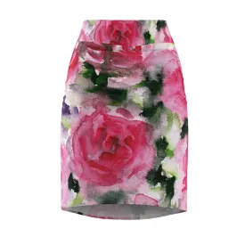 Rose Floral Pencil Skirt, Best Pink Rose Women's Designer Pencil Skirt - Made in USA (Size XS-2XL)