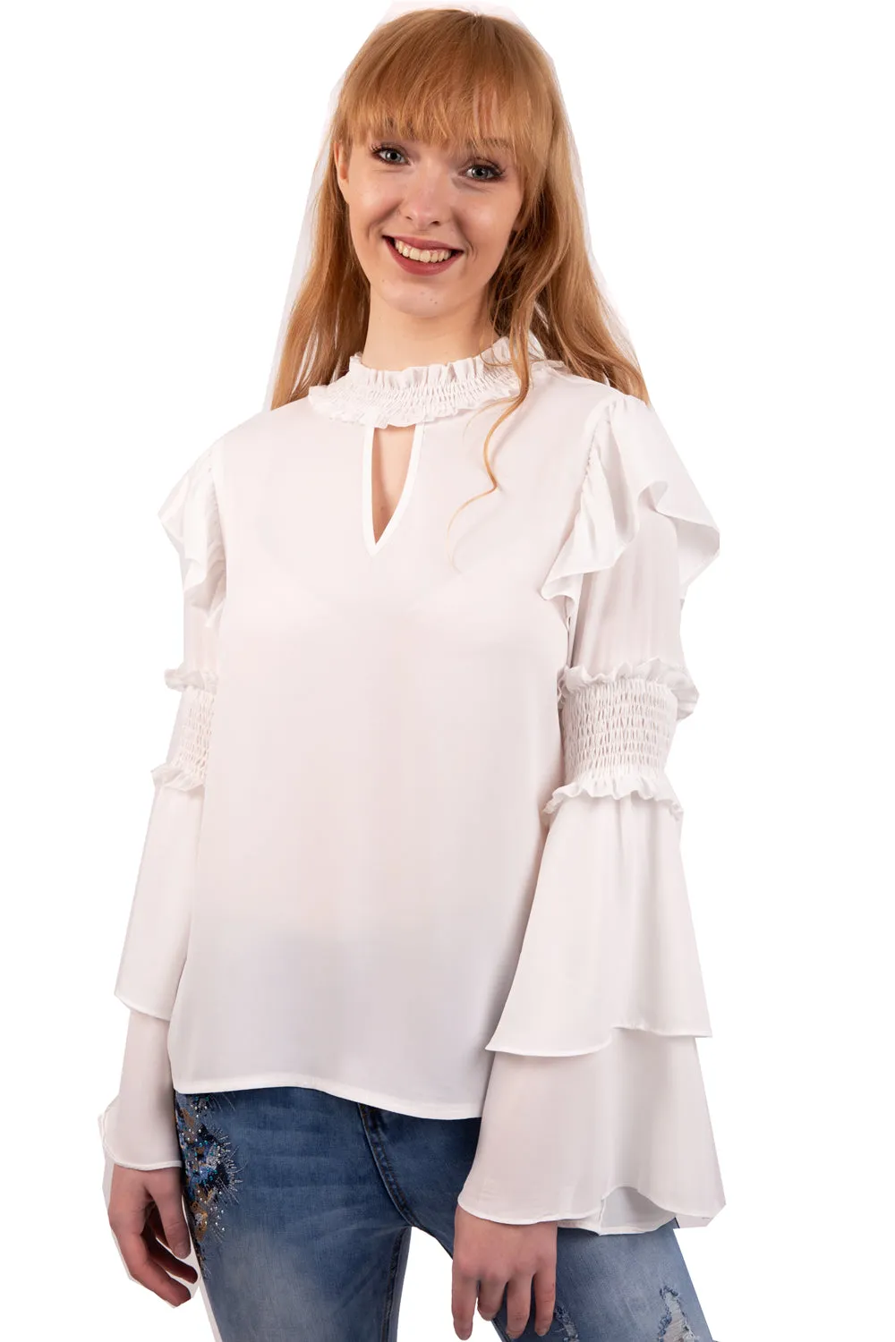 Ruffle Rushed Elastic Sleeves Blouse Top