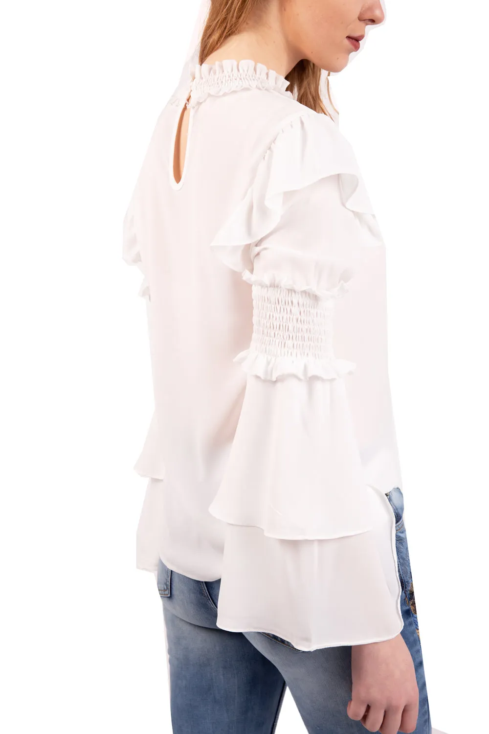 Ruffle Rushed Elastic Sleeves Blouse Top