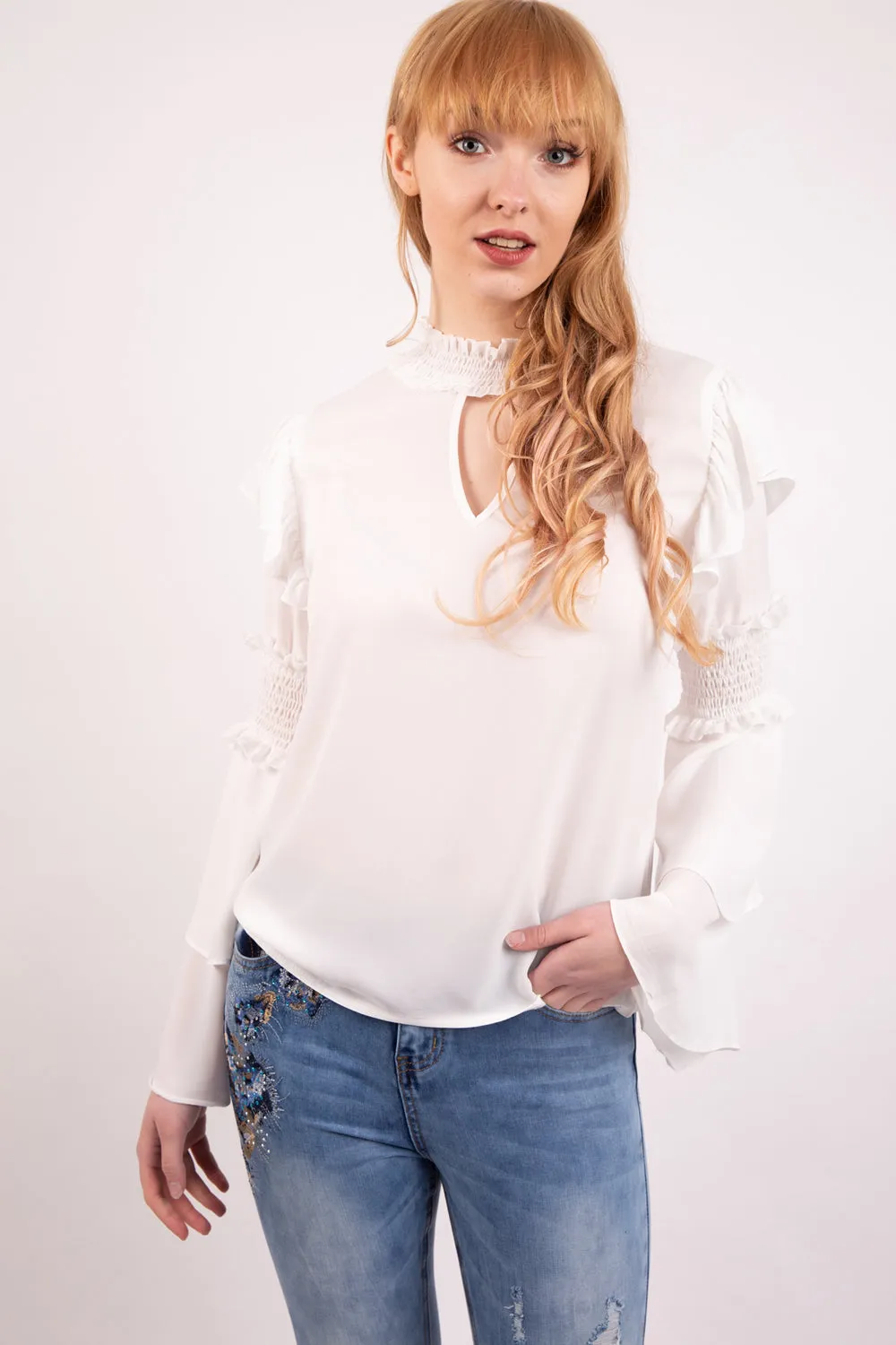 Ruffle Rushed Elastic Sleeves Blouse Top