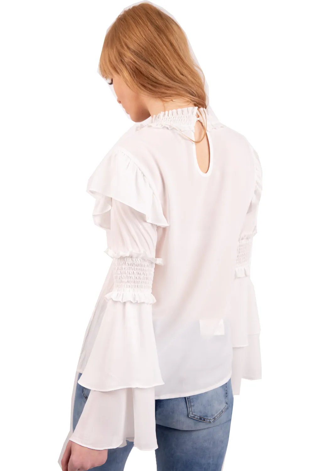 Ruffle Rushed Elastic Sleeves Blouse Top