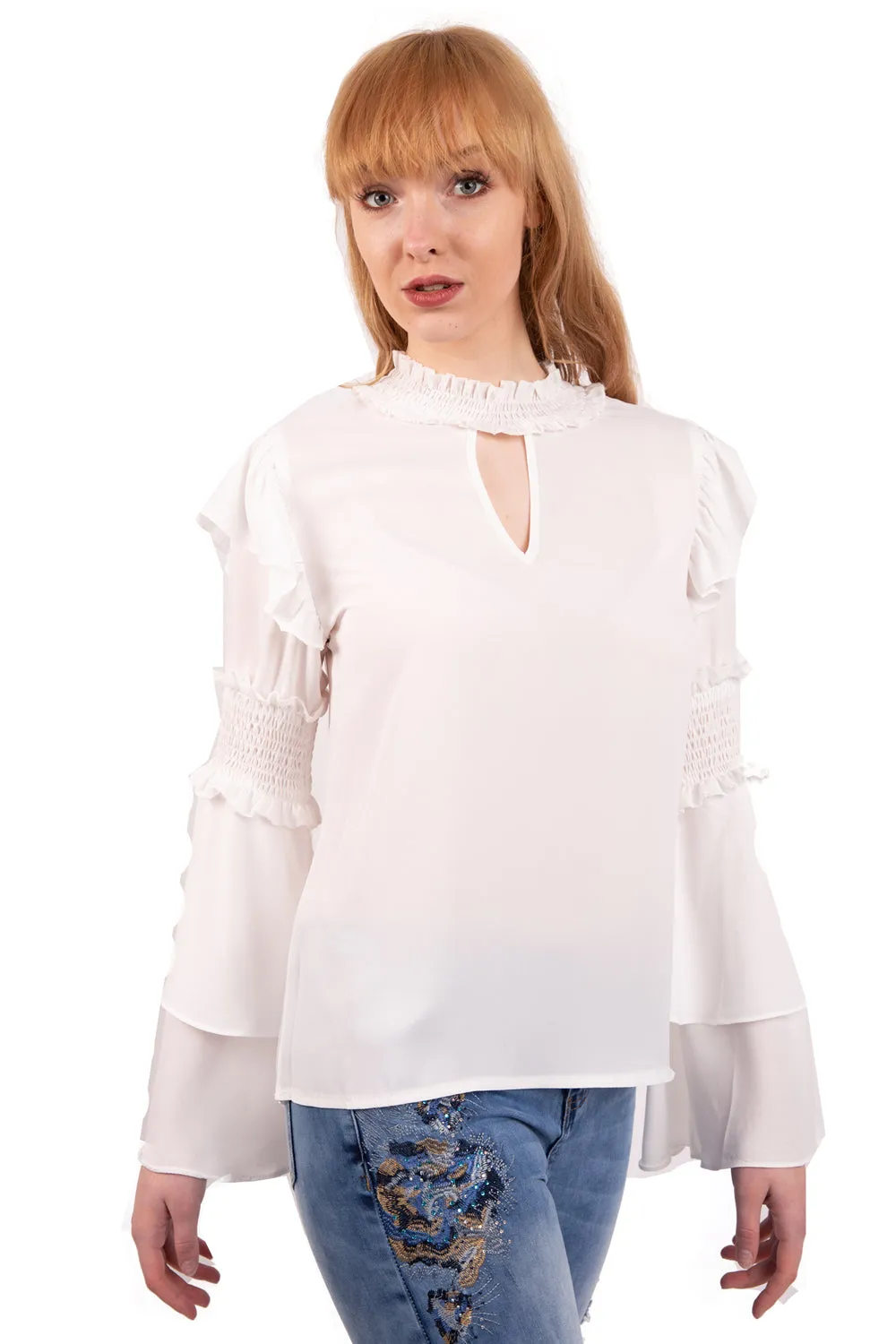 Ruffle Rushed Elastic Sleeves Blouse Top